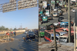 Collage photo of motorists blocking Thika Road and matatus parked in Rongai.